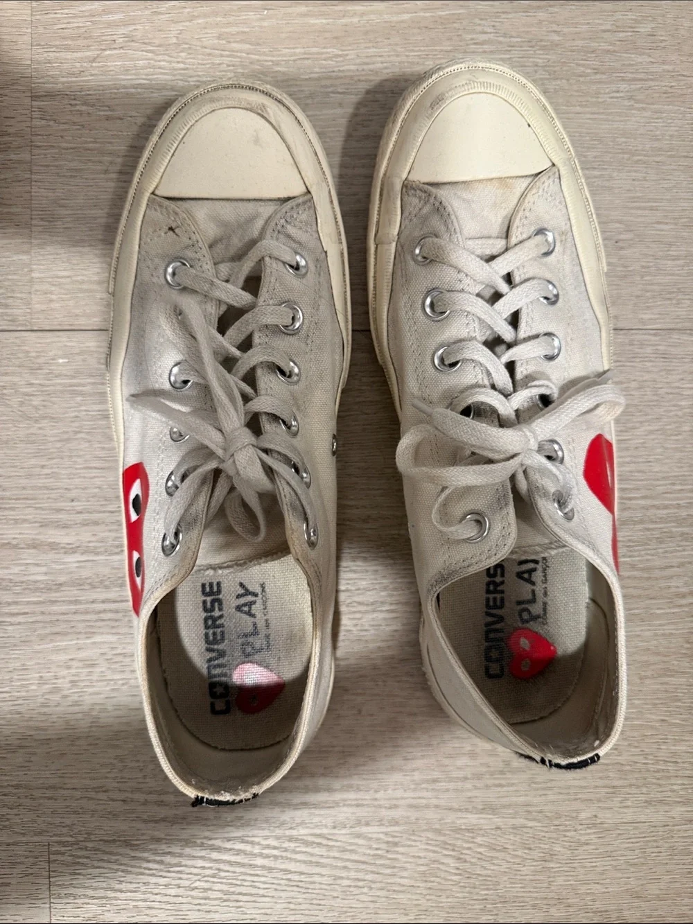 Comme des Garcons PLAY Off-White Canvas Low-Top Sneakers with Red Heart